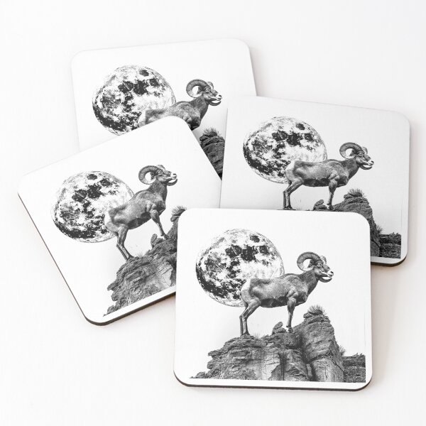 Item preview, Ram and Full Moon – Black and White Mystical Wilderness Illustration designed and sold by inkoutninja.