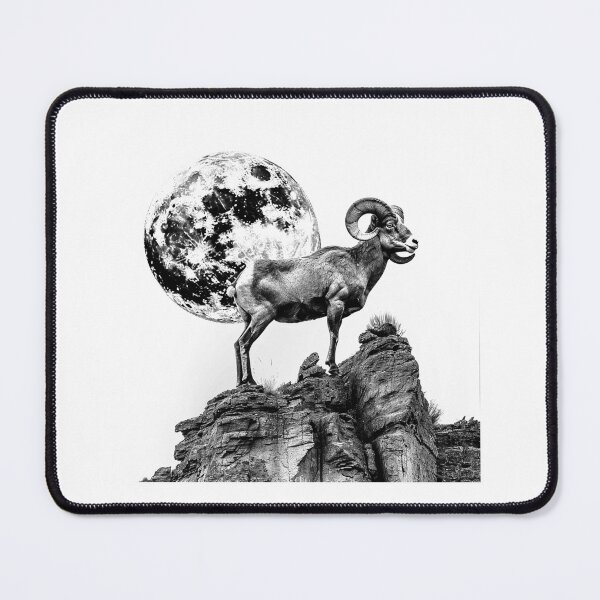 Item preview, Ram and Full Moon – Black and White Mystical Wilderness Illustration designed and sold by inkoutninja.