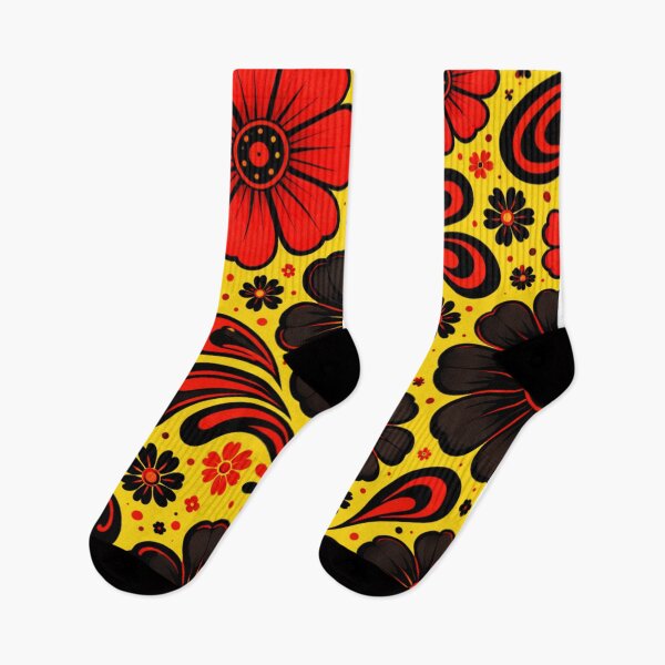 Item preview, Retro Floral Pattern on Yellow Background – Black and Red Vintage AI Art designed and sold by Cleora Art .