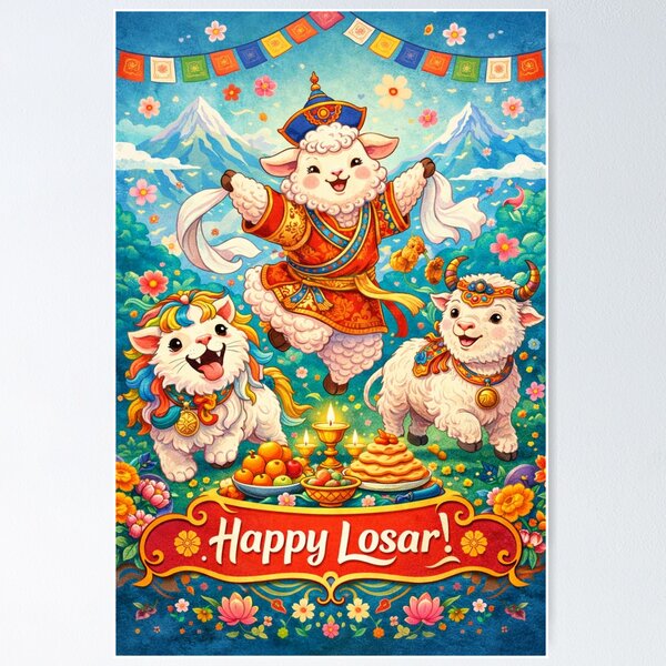 Item preview, Cute Tibetan Losar Celebration with Dancing Sheep and Himalayan Scenery designed and sold by Aryabek.