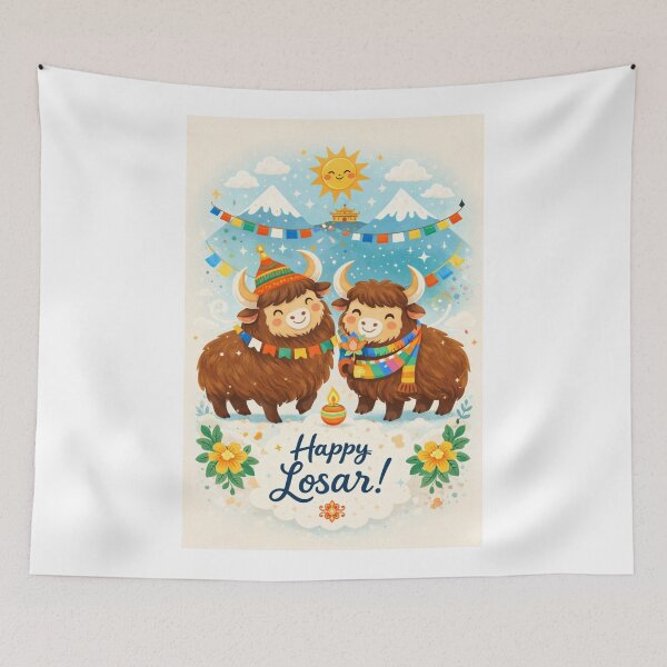 Item preview, Joyful Himalayan Yaks Under Prayer Flags for Tibetan Losar designed and sold by Aryabek.