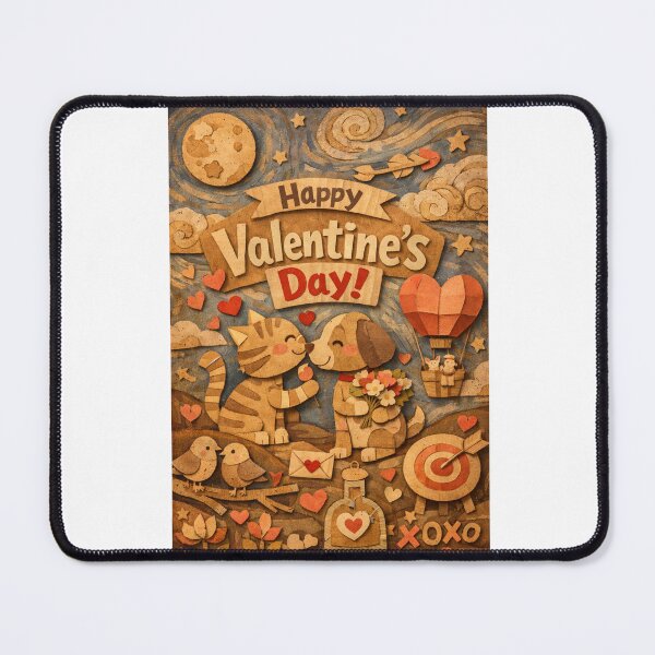 Item preview, Romantic Hot Air Balloon Valentine with Moonlit Cat and Dog Couple designed and sold by Aryabek.