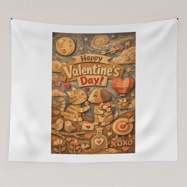 Item preview, Romantic Hot Air Balloon Valentine with Moonlit Cat and Dog Couple designed and sold by Aryabek.
