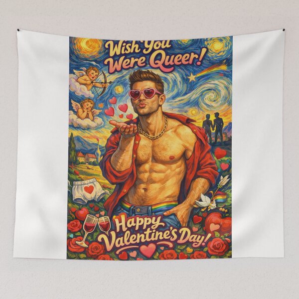 Item preview, Wish You Were Queer! Valentine’s Day Starry Sky with Rainbow Belt and Shirtless Charmer designed and sold by Places On Earth.
