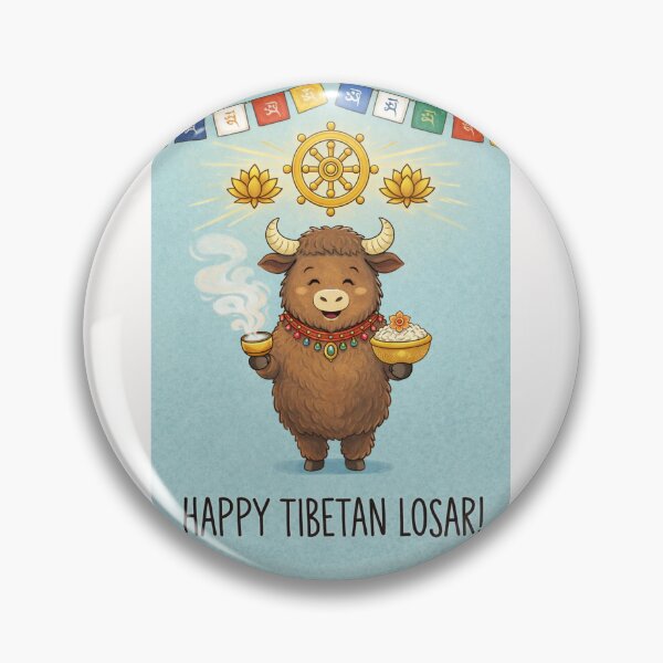 Item preview, Happy Tibetan Losar – Smiling Yak Offering Tsampa and Tea Under Dharma Wheel designed and sold by Places On Earth.