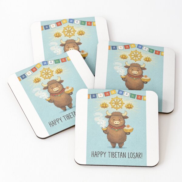 Item preview, Happy Tibetan Losar – Smiling Yak Offering Tsampa and Tea Under Dharma Wheel designed and sold by Places On Earth.