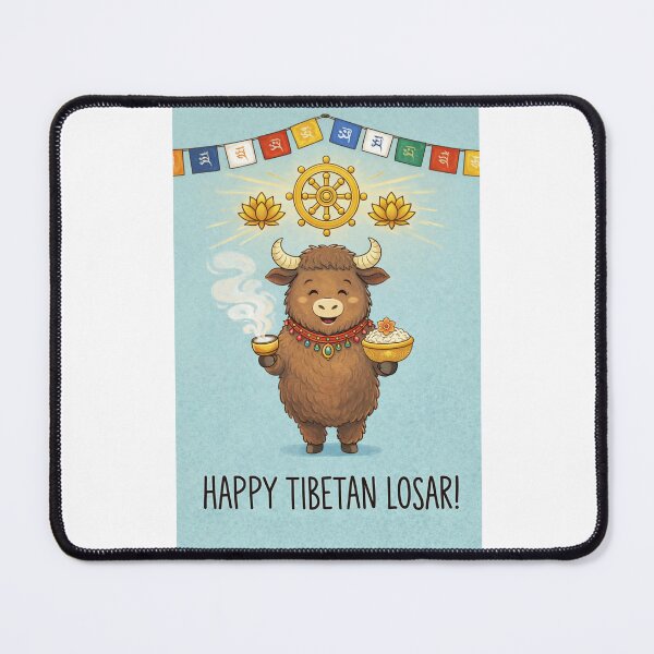 Item preview, Happy Tibetan Losar – Smiling Yak Offering Tsampa and Tea Under Dharma Wheel designed and sold by Places On Earth.