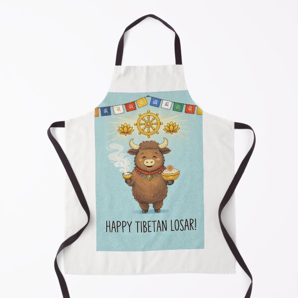 Item preview, Happy Tibetan Losar – Smiling Yak Offering Tsampa and Tea Under Dharma Wheel designed and sold by Places On Earth.