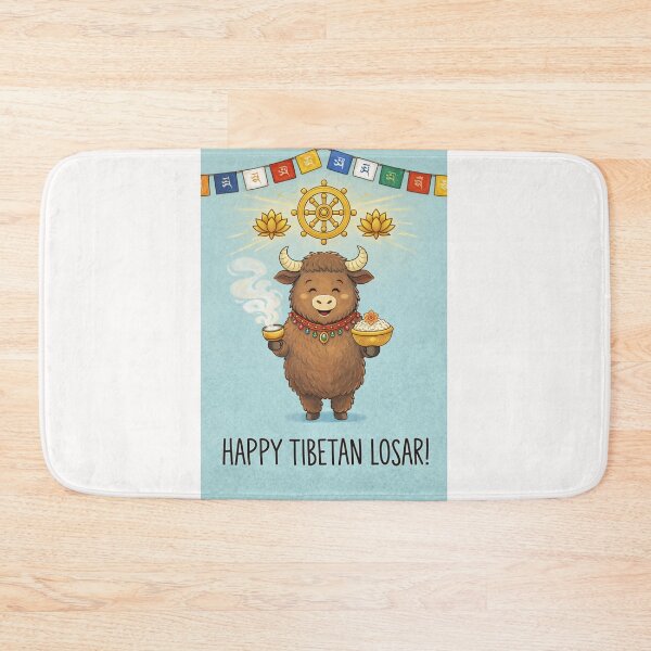 Item preview, Happy Tibetan Losar – Smiling Yak Offering Tsampa and Tea Under Dharma Wheel designed and sold by Places On Earth.