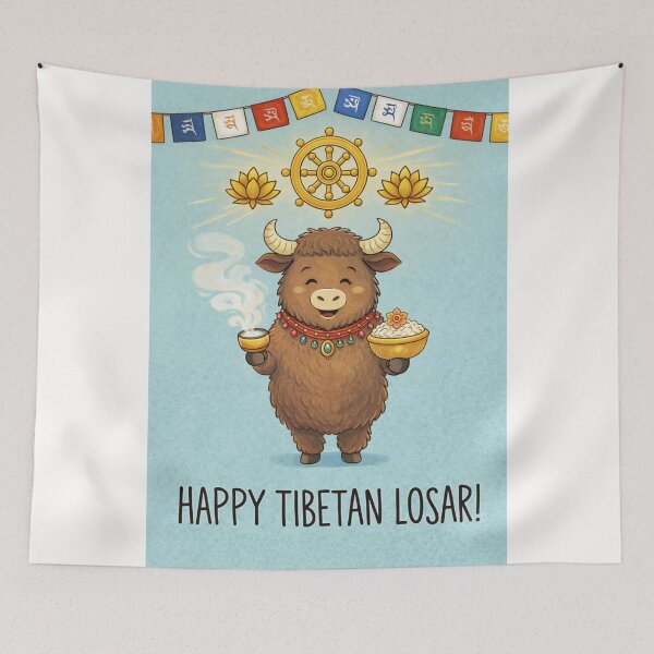 Item preview, Happy Tibetan Losar – Smiling Yak Offering Tsampa and Tea Under Dharma Wheel designed and sold by Places On Earth.