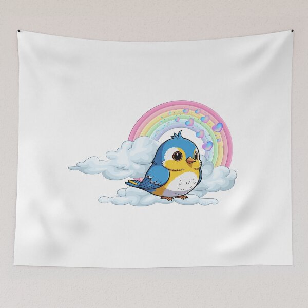 Item preview, Cheerful Bluebird - Cute Bird on Clouds with Pastel Rainbow designed and sold by Love3Happy.