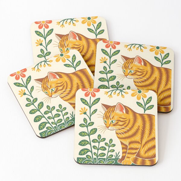Item preview, A ginger cat inspecting patch of garden herbs linocut style designed and sold by Ponted.