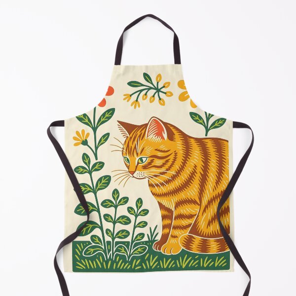 Item preview, A ginger cat inspecting patch of garden herbs linocut style designed and sold by Ponted.