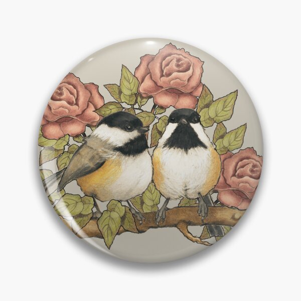 Item preview, Chickadee Birds Couple, Dusty Pink Roses, Wildlife, Vintage Look designed and sold by JoyfulWhimsy.