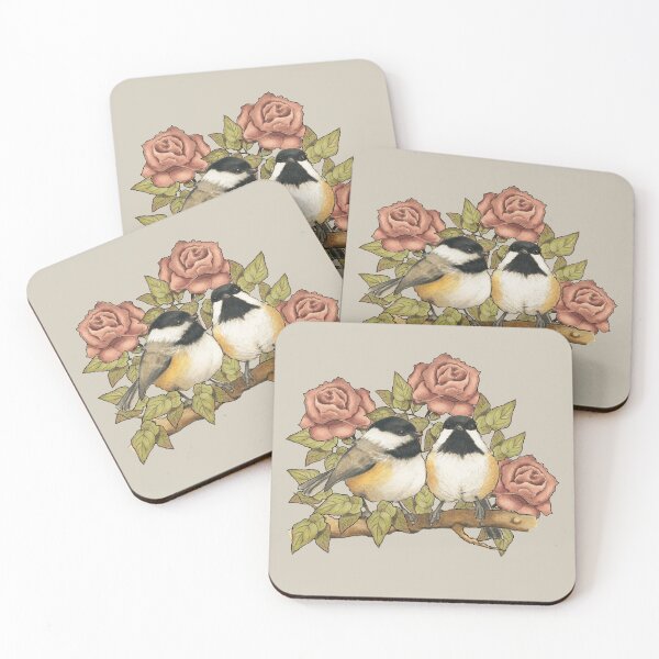 Item preview, Chickadee Birds Couple, Dusty Pink Roses, Wildlife, Vintage Look designed and sold by JoyfulWhimsy.