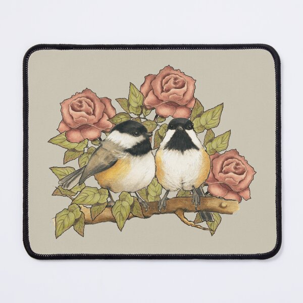 Item preview, Chickadee Birds Couple, Dusty Pink Roses, Wildlife, Vintage Look designed and sold by JoyfulWhimsy.