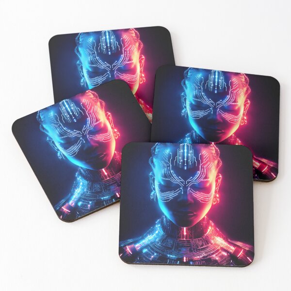 Item preview, Neon Cyber Priestess – Futuristic Glowing Blue & Pink Tech Portrait designed and sold by VisionaryVeils.