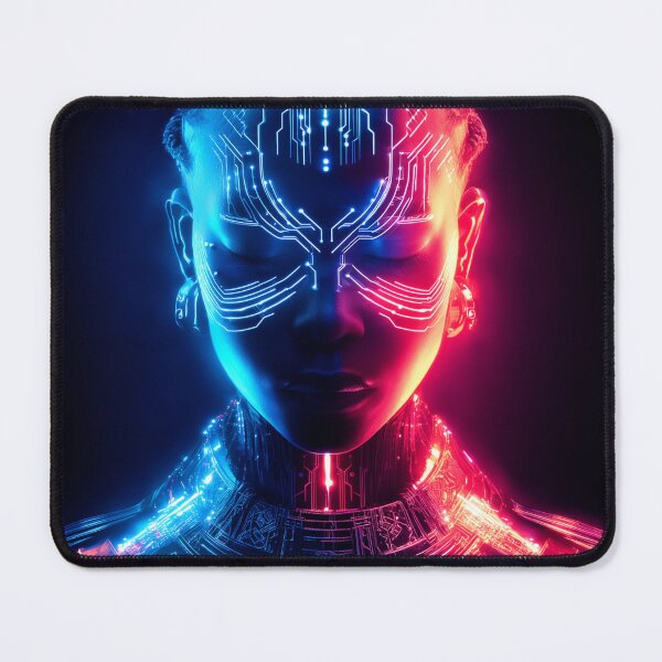 Item preview, Neon Cyber Priestess – Futuristic Glowing Blue & Pink Tech Portrait designed and sold by VisionaryVeils.