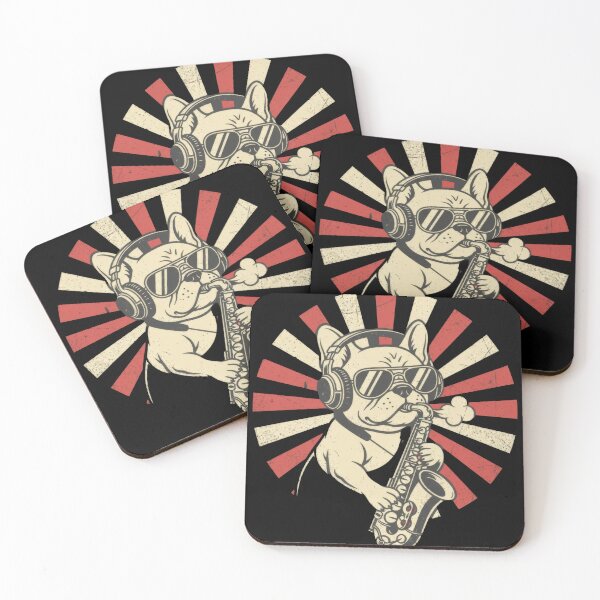 Item preview, Cool French Bulldog Playing Saxophone Retro Vintage Sunburst Art designed and sold by seven things shop.