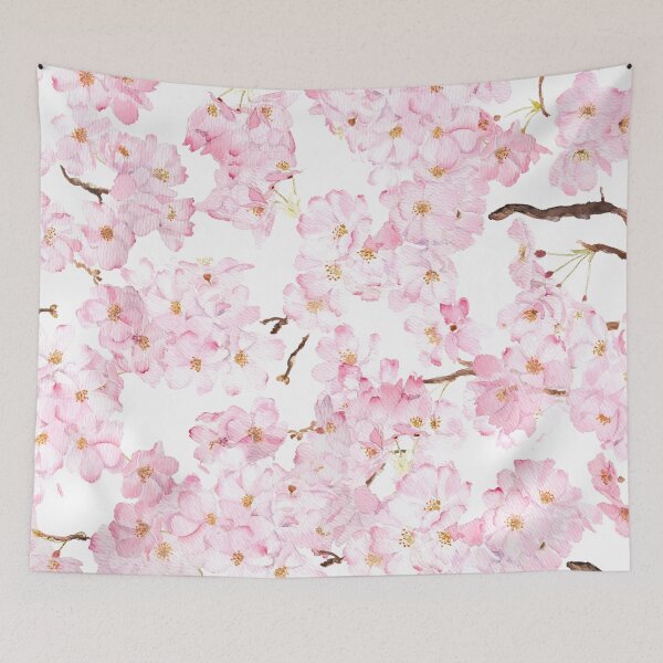 Item preview, Pink cherry blossom pattern in white background hand painted  designed and sold by ColorandColor.