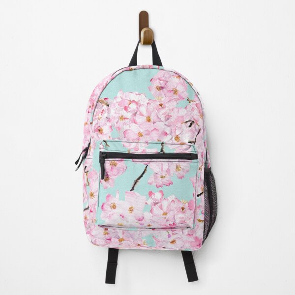 Item preview, pink cherry blossom  in blue background hand painted  designed and sold by ColorandColor.