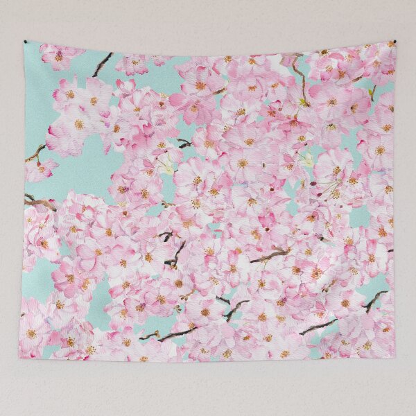 Item preview, pink cherry blossom  in blue background hand painted  designed and sold by ColorandColor.