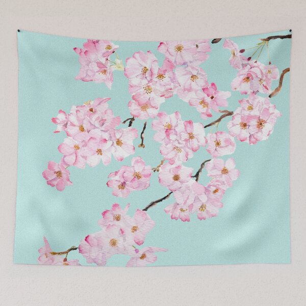 Item preview, Delicate Pink cherry blossom in blue background watercolor 2024 hand painted  designed and sold by ColorandColor.