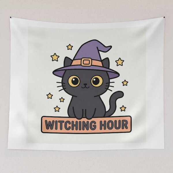 Item preview, Cute Witch Cat Art Print | Witching Hour Kawaii Cat Illustration | Cozy Spooky Wall Art designed and sold by AbstractAuraArt.