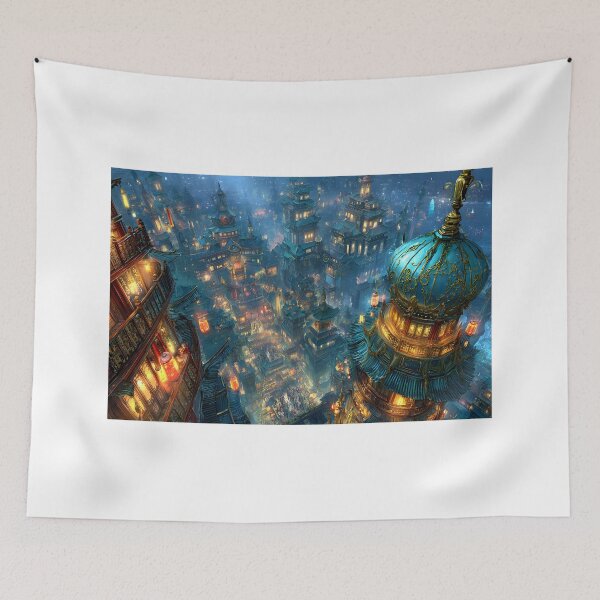 Item preview, Vibrant Cityscape with Lanterns and Towers at Night designed and sold by Artessie.