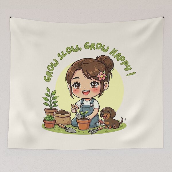 Item preview, Grow Slow, Grow Happy – Cozy Gardening Girl Illustration designed and sold by Beeform.
