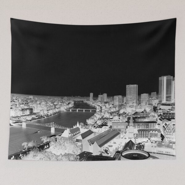 Item preview, Frankfurt Skyline Main Riverbank – Modern Black and White City Design designed and sold by Mauswohn.