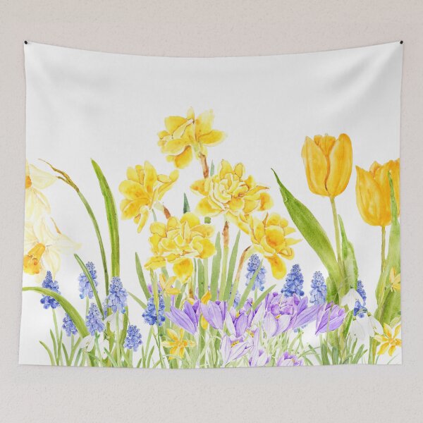 Item preview, spring garden with daffodils tulips crocus watercolor  designed and sold by ColorandColor.