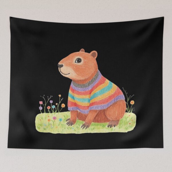 Item preview, orange capybara wearing rainbow sweater designed and sold by cloudzer0000.