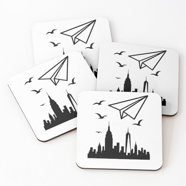 Item preview, New York City Skyline with paper airplane and seagulls (black and white ver) designed and sold by Moonshroomarts.