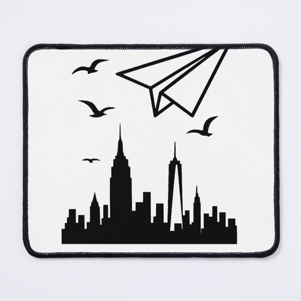 Item preview, New York City Skyline with paper airplane and seagulls (black and white ver) designed and sold by Moonshroomarts.