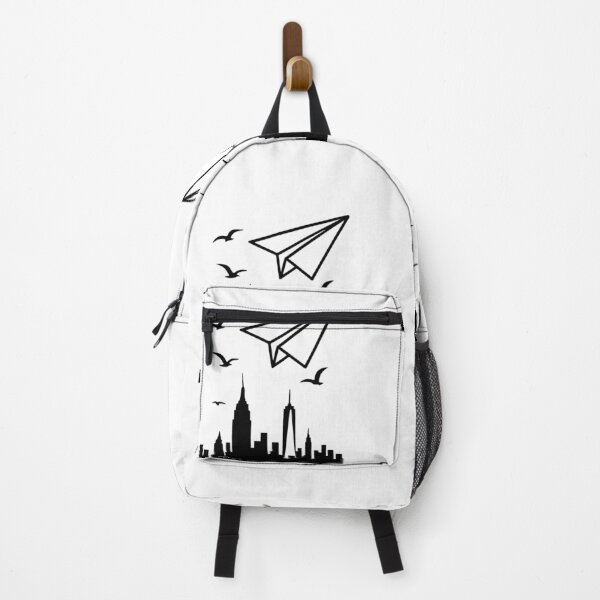 Item preview, New York City Skyline with paper airplane and seagulls (black and white ver) designed and sold by Moonshroomarts.