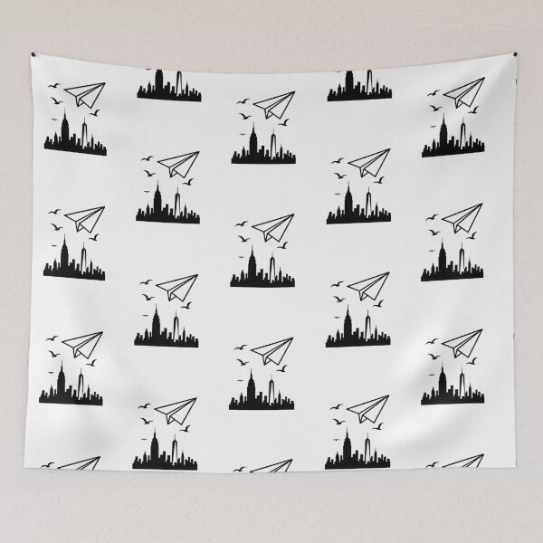 Item preview, New York City Skyline with paper airplane and seagulls (black and white ver) designed and sold by Moonshroomarts.