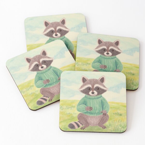 Item preview, racoon wearing a green sweater watercolor designed and sold by cloudzer0000.