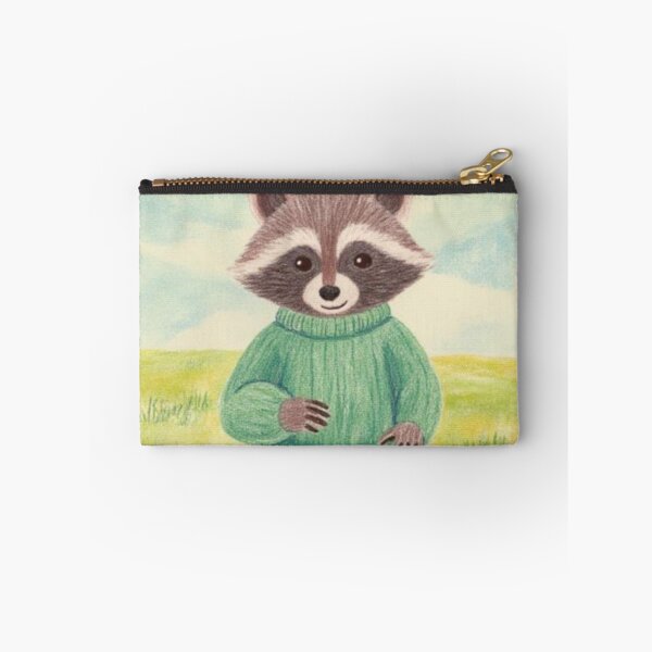 Item preview, racoon wearing a green sweater watercolor designed and sold by cloudzer0000.