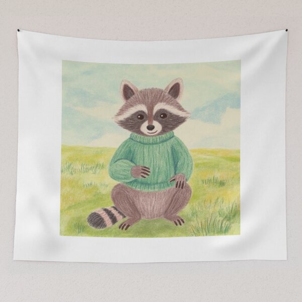 Item preview, racoon wearing a green sweater watercolor designed and sold by cloudzer0000.
