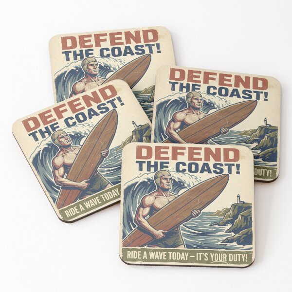 Item preview, Defend the Coast - Funny Retro 1940s Surf Propaganda Art designed and sold by Cozy-Old-Pub.