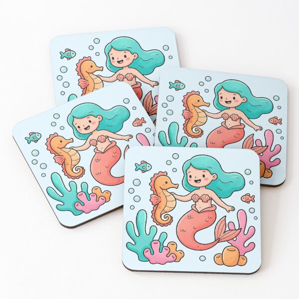 Item preview, Under the Sea Mermaid Friends - Cute Kawaii Mermaid and Seahorse Nursery Art designed and sold by HappySproutArt.