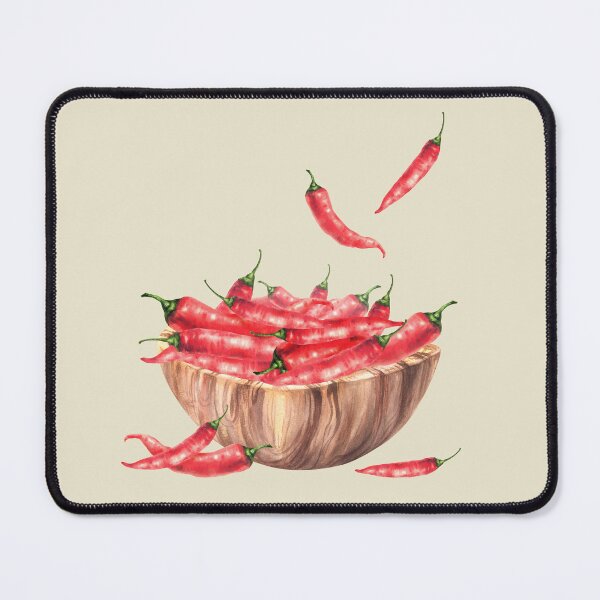 Item preview, Hot chili peppers fall into a wooden bowl full of whole red pods. Watercolor hand drawn designed and sold by BartolArt.
