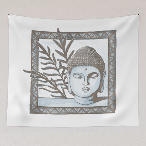 Item preview, Buddha Head Statue with Palm Fronds Watercolor - Earth + Sky designed and sold by Irene Estelle.