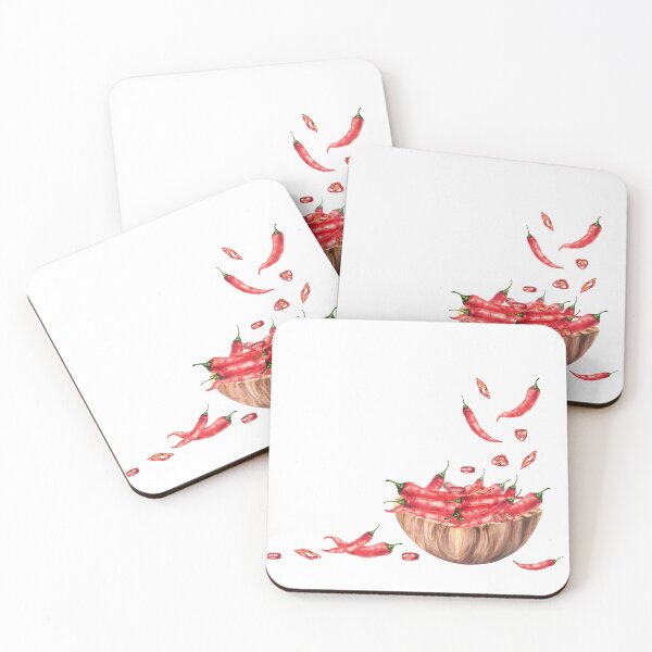 Item preview, Copy of Hot chili peppers fall into a wooden bowl full of whole sliced red pods. Watercolor hand drawn designed and sold by BartolArt.
