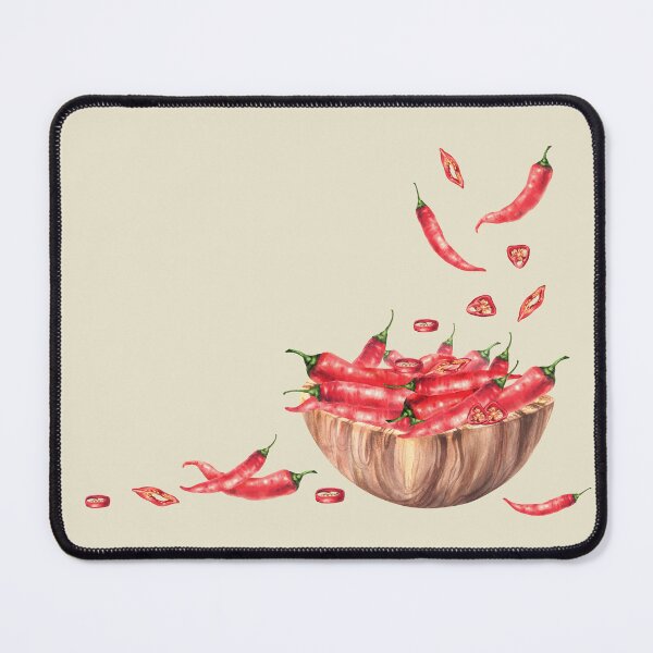 Item preview, Copy of Hot chili peppers fall into a wooden bowl full of whole sliced red pods. Watercolor hand drawn designed and sold by BartolArt.