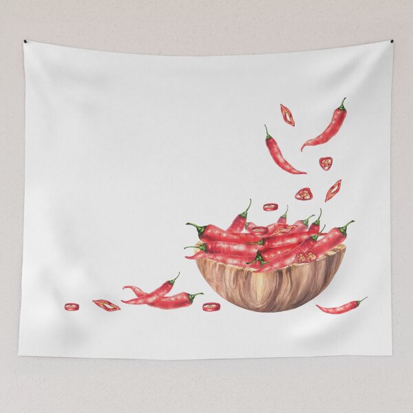 Item preview, Copy of Hot chili peppers fall into a wooden bowl full of whole sliced red pods. Watercolor hand drawn designed and sold by BartolArt.