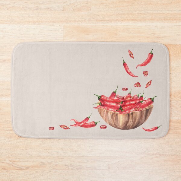 Item preview, Copy of Hot chili peppers fall into a wooden bowl full of whole sliced red pods. Watercolor hand drawn designed and sold by BartolArt.