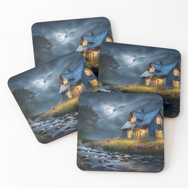Item preview, Charming Moonlit Cottage by a Tranquil Stream designed and sold by Artessie.