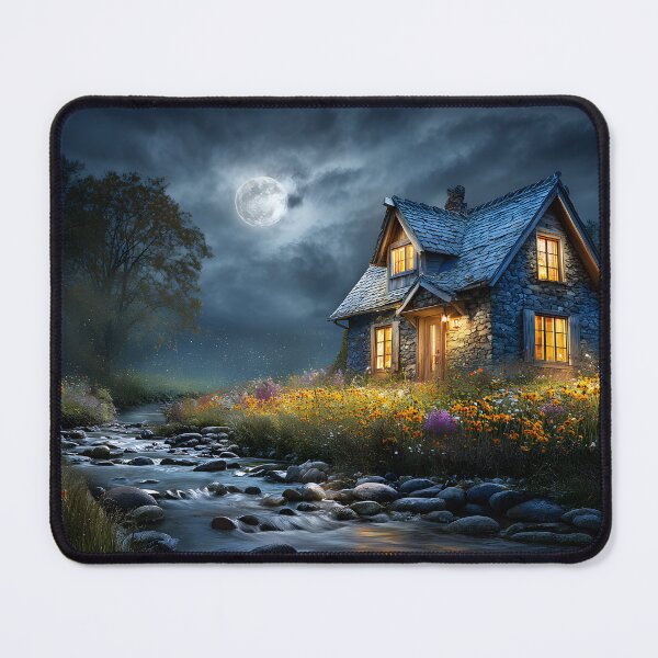 Item preview, Charming Moonlit Cottage by a Tranquil Stream designed and sold by Artessie.